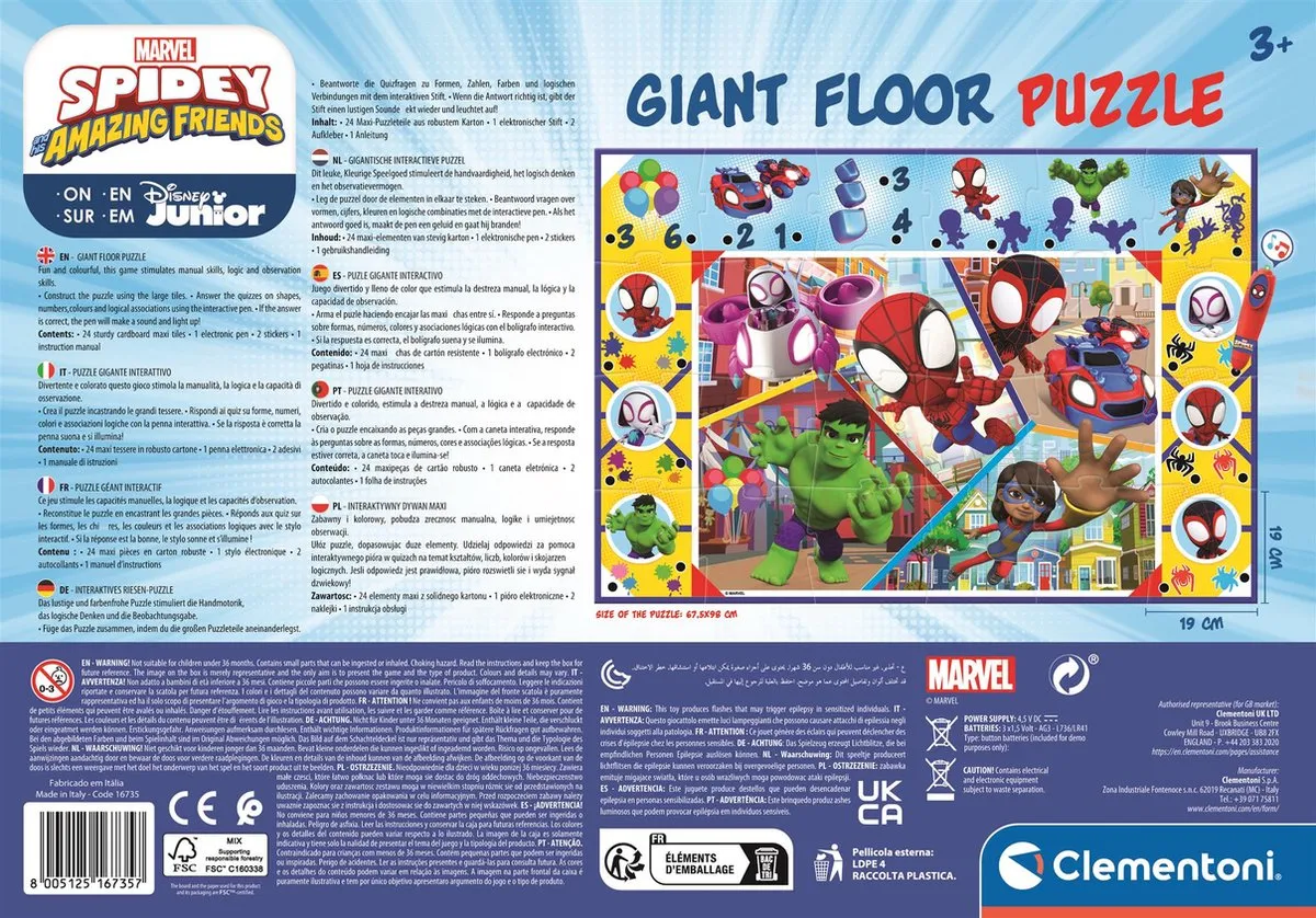 Clementoni Marvel Spidey and Friends Vloerpuzzel 24 Stuks - Interactieve Pen - 70x100cm