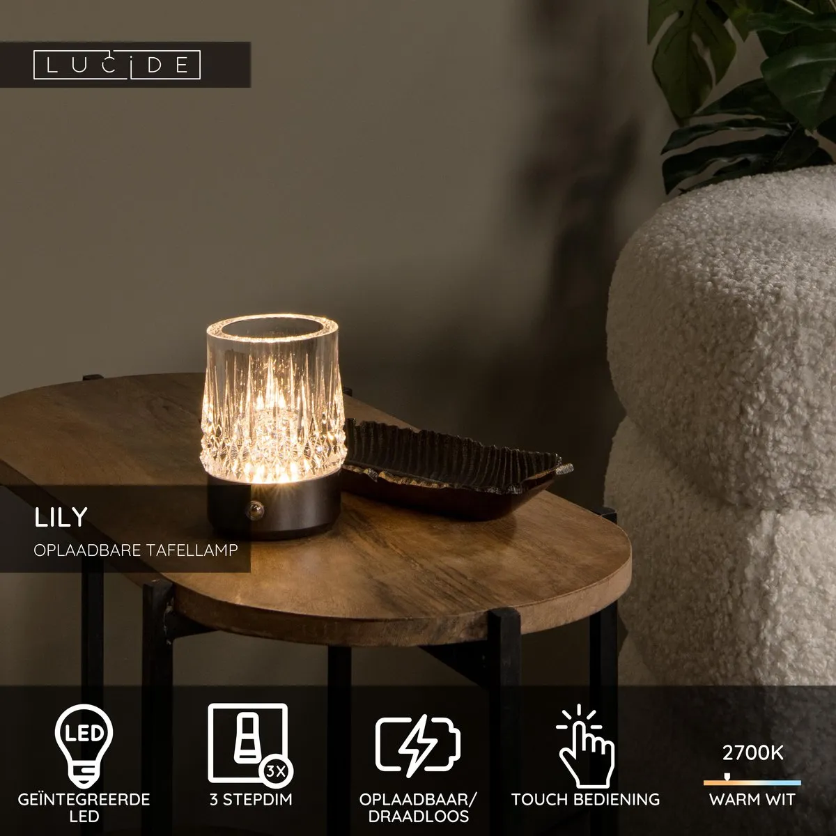 Lucide Lily Oplaadbare Tafellamp - 3 Stuks - Zwart chroom