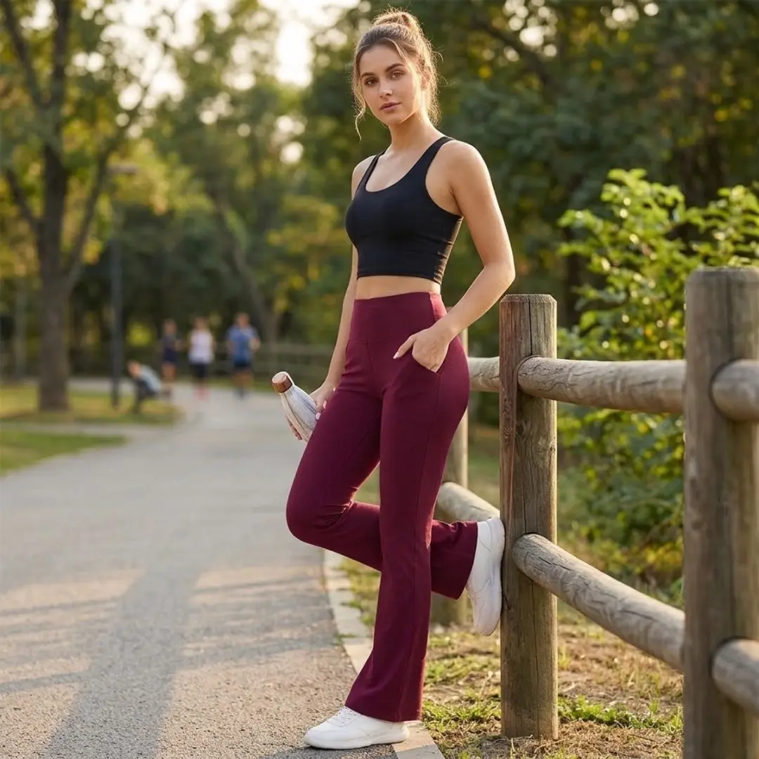 NUVEX Bordeauxrode Fitnessbroek M - Hoge Taille Flare