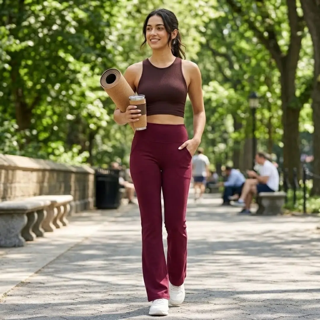NUVEX Bordeauxrode Fitnessbroek M - Hoge Taille Flare