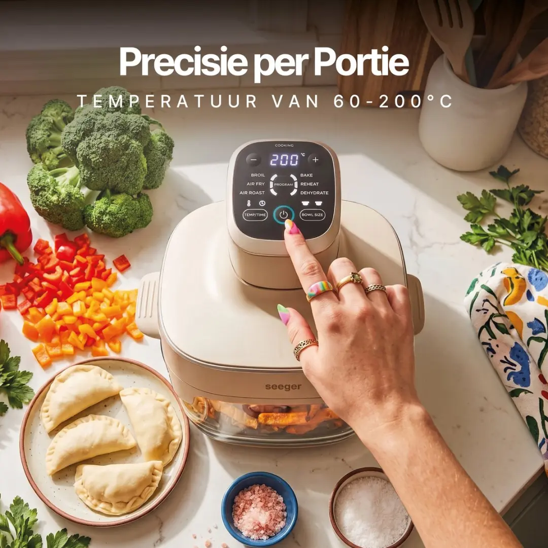 SEEGER ClearFry Glazen Airfryer 1500W - 6 Programma's - 2x Glazen Bakken 2.5L/4.5L - Beige
