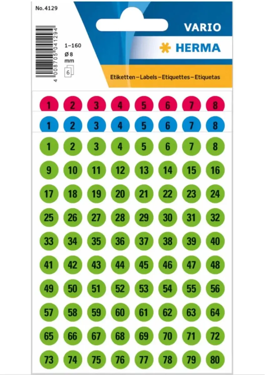 Herma Stickervel Cijfers 0-160 - 18 Vellen - 8mm Rond - Multi