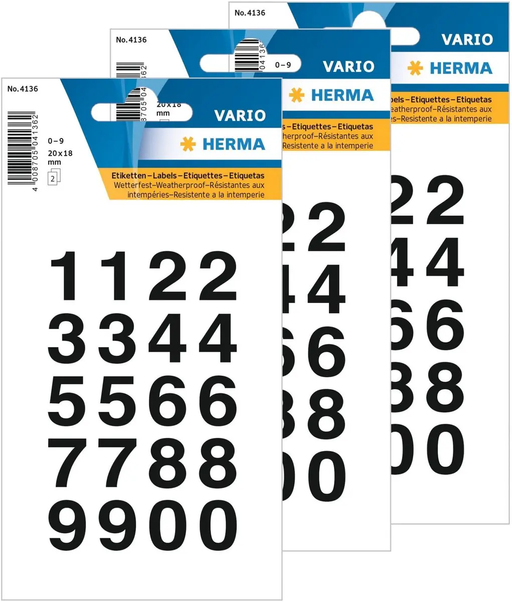 Herma Stickervel Cijfers 0-9 - 12 Vellen - 18mm - Diep zwart - Watervast
