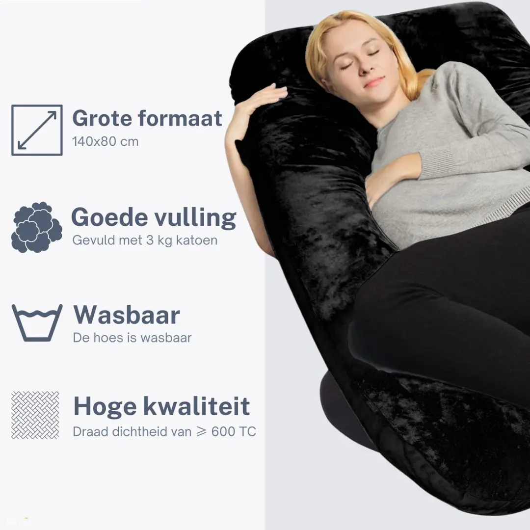 EarKings Zwangerschapskussen 140x80cm U-vorm - Zwart - afbeelding 6 van 6