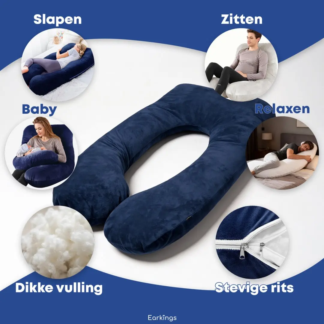 EarKings Zwangerschapskussen 140x80cm U-vorm - Blauw