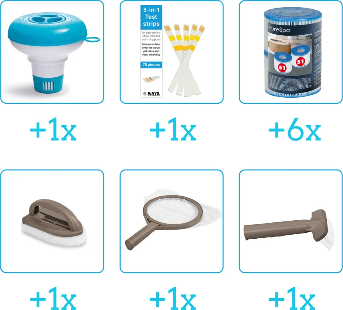 Spa Onderhoudsset - Startersset - Onderhoud Spa - bevat Schoonmaaksets - Chloordrijver - Testrips en Filters - Spa Onderhoud Startersset - Onderhoud voor Spa - Geschikt voor alle type Spa's (4-delig)