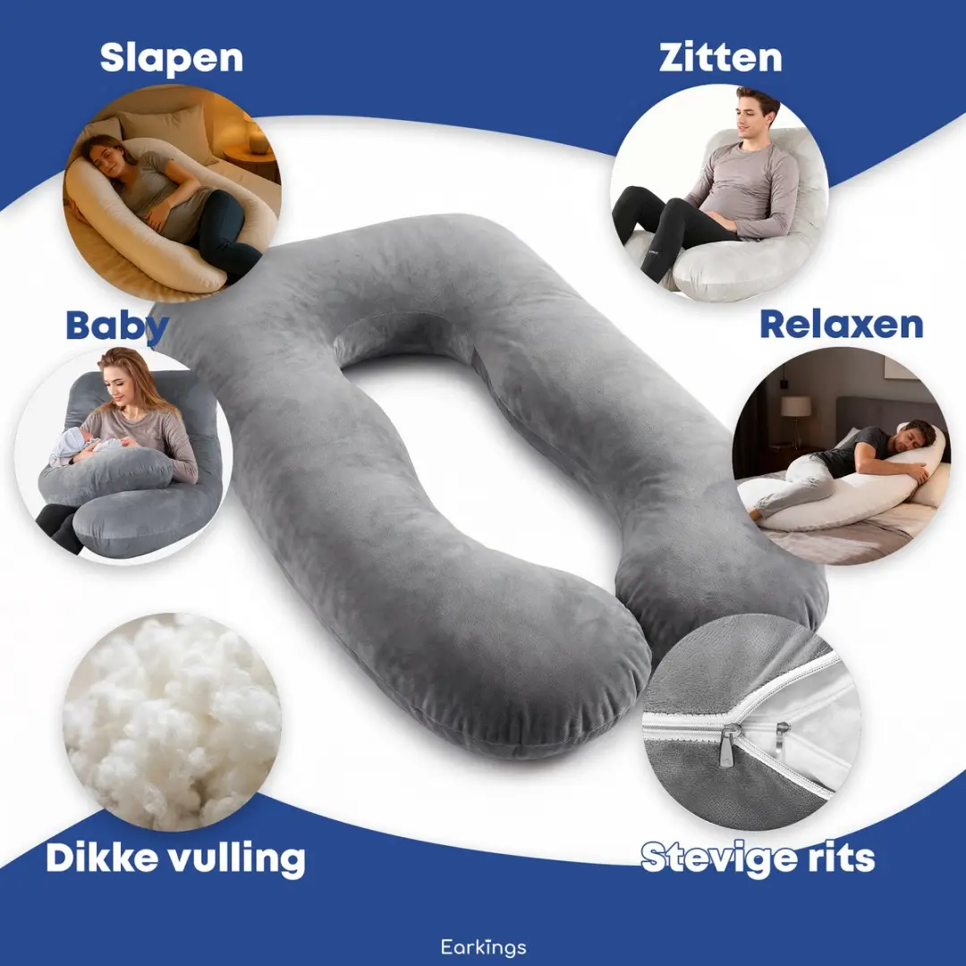 EarKings Zwangerschapskussen 140x80cm U-vorm - Donkergrijs