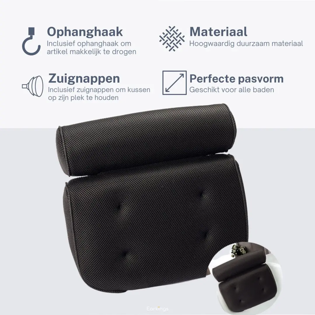 EarKings Badkussen met Zuignappen - Zwart