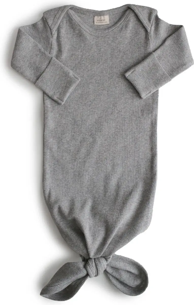 Mushie Baby Gown Ribbed Knotted - 0-3M - Grijs Melange