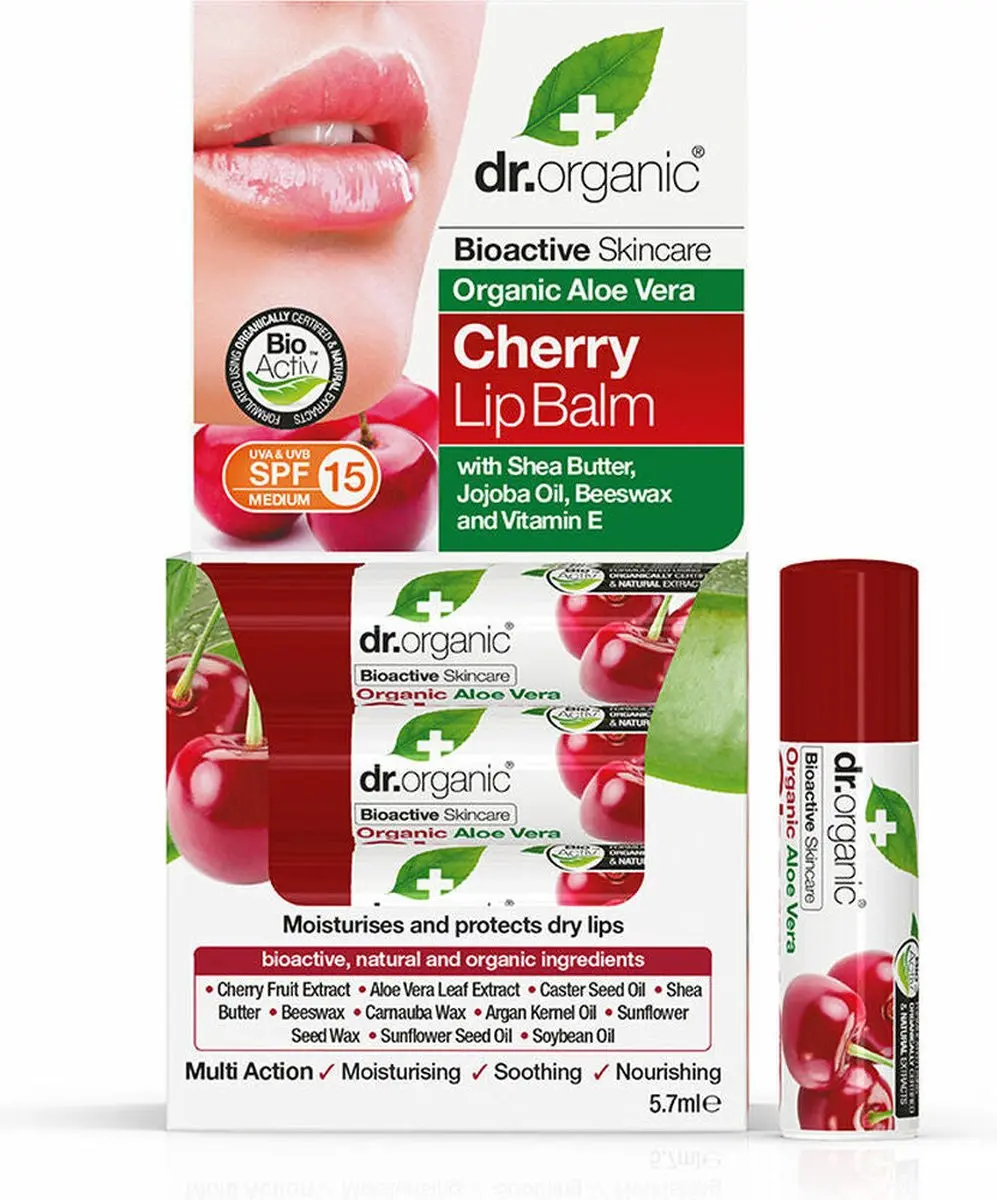Dr. Organic Aloe Vera Kersen Lipbalsem 5.7ml - Rood