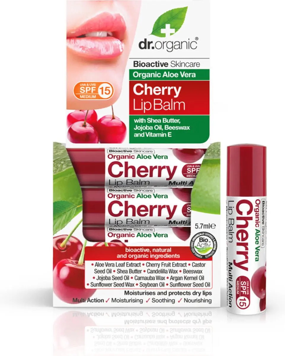 Dr. Organic Aloe Vera Kersen Lipbalsem 5.7ml