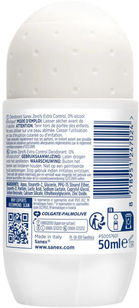 Sanex Deo Roll-On Zero% Extra Control 50ml - 6 Stuks