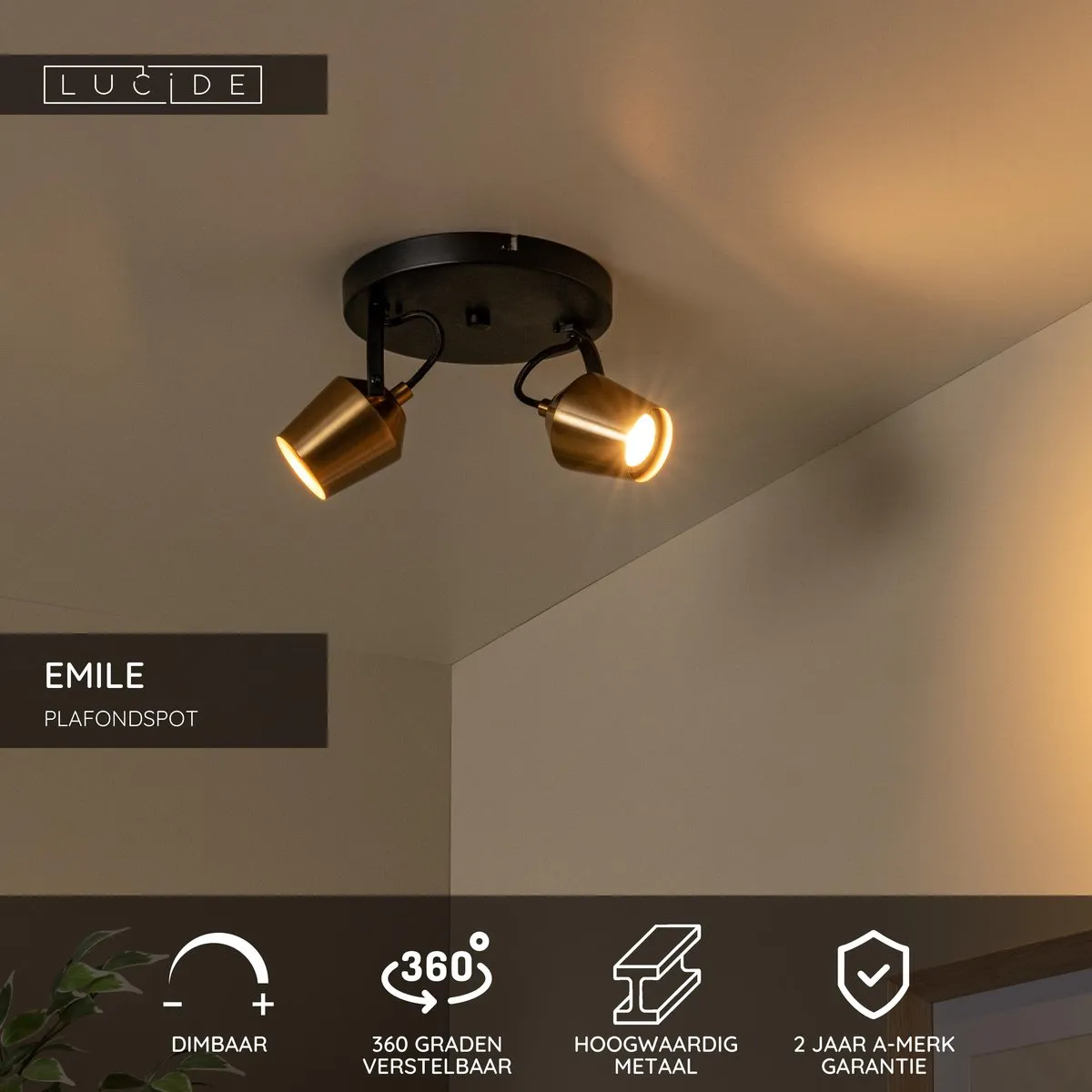 Lucide EMILE Plafondspot Ø20cm - 2xGU10 Mat Goud/Messing