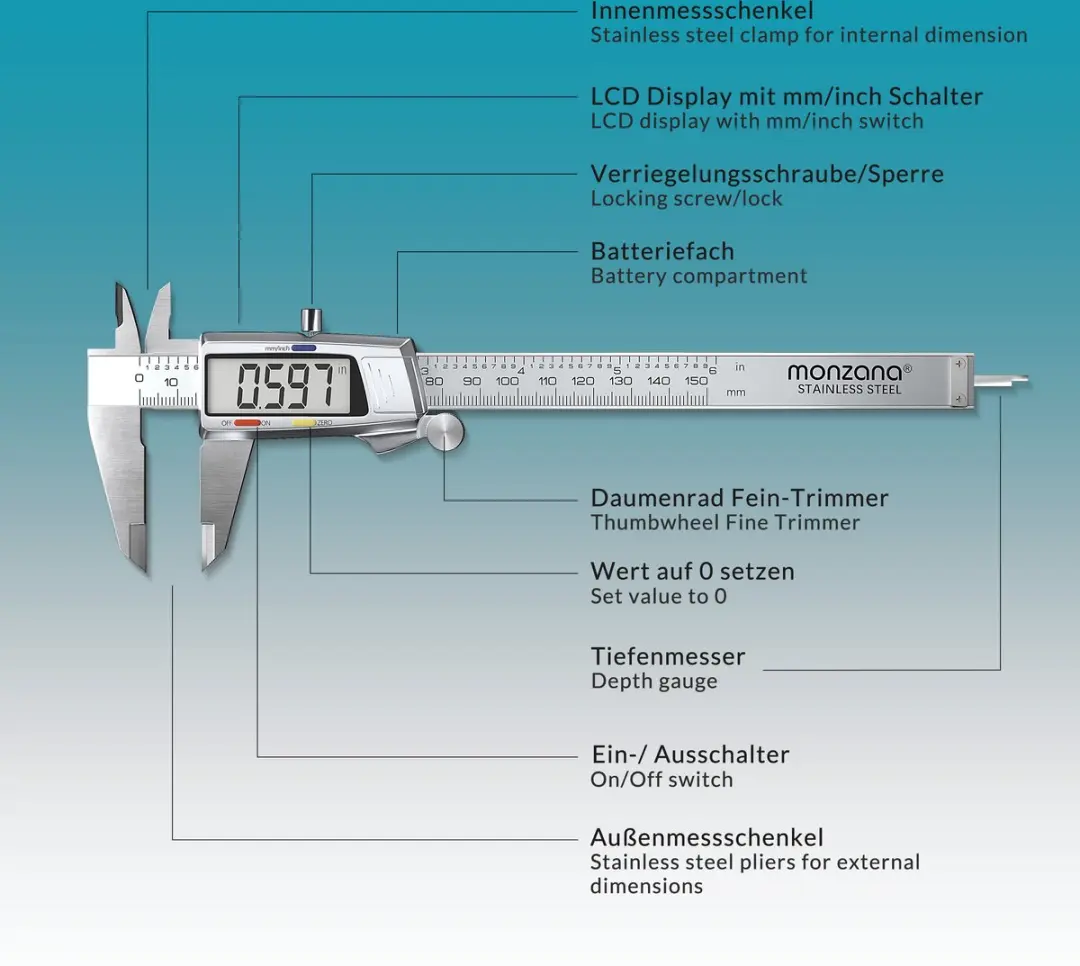Monzana Digitaal Schuifmaat RVS 150mm - Zilver