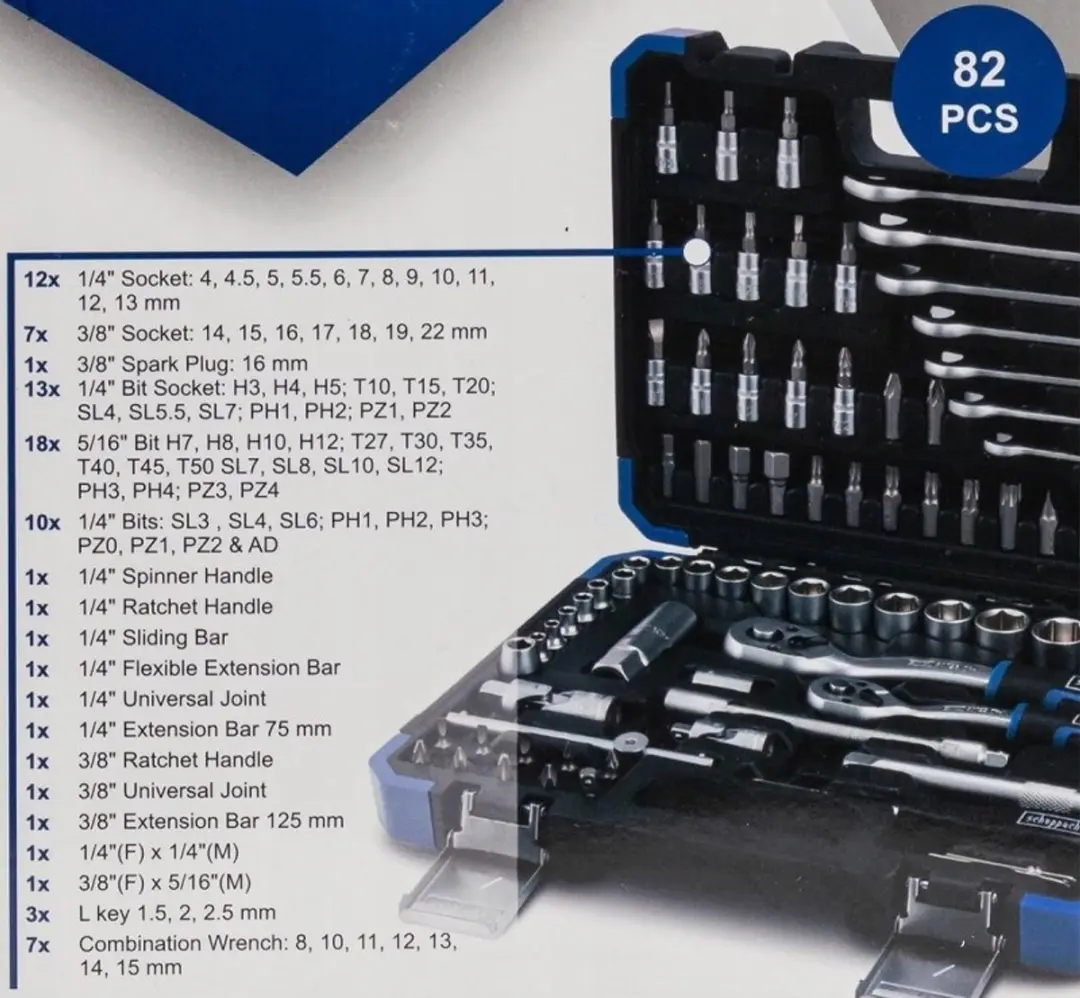 Scheppach Gereedschapset 82-delig - 1/4" & 3/8" - Blauw/Zwart