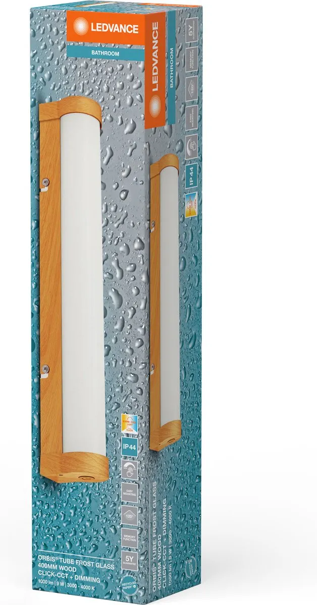 LEDVANCE ORBIS Orbis Tube Frost Glass 40cm Wandlamp - 9W 900lm Dimbare CCT - Houten decor