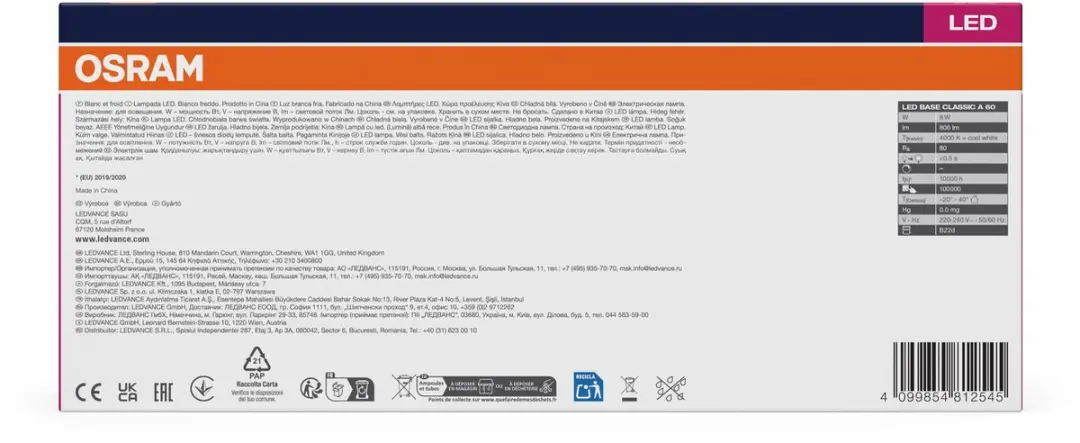 Osram LED Classic A 8W - 806lm Koelwit Mat - 10 Stuks