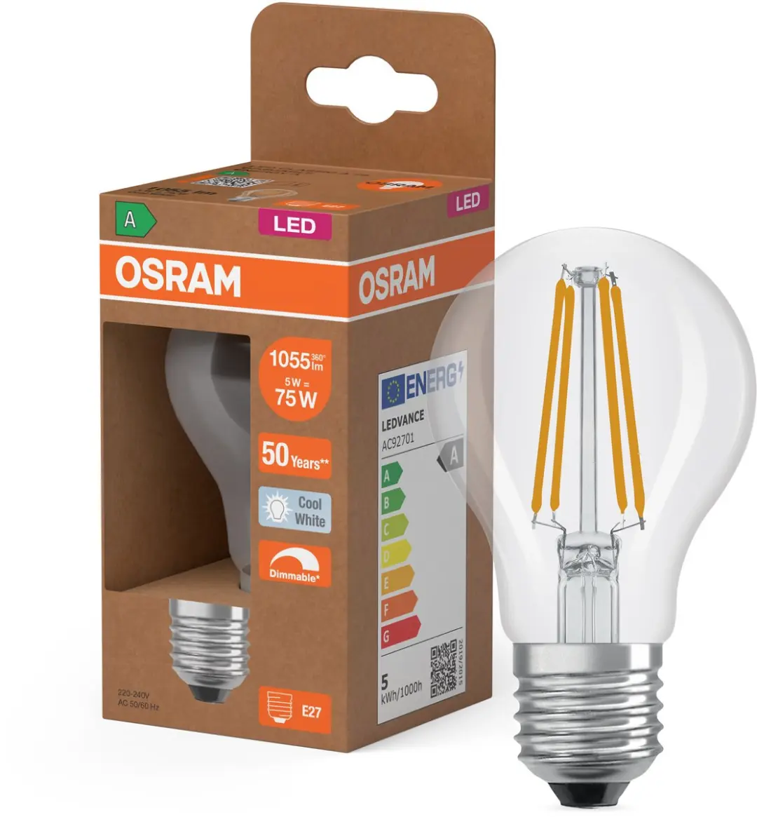 Osram LED Classic A 75 Filament 5W - 1055lm Koelwit Dimbare