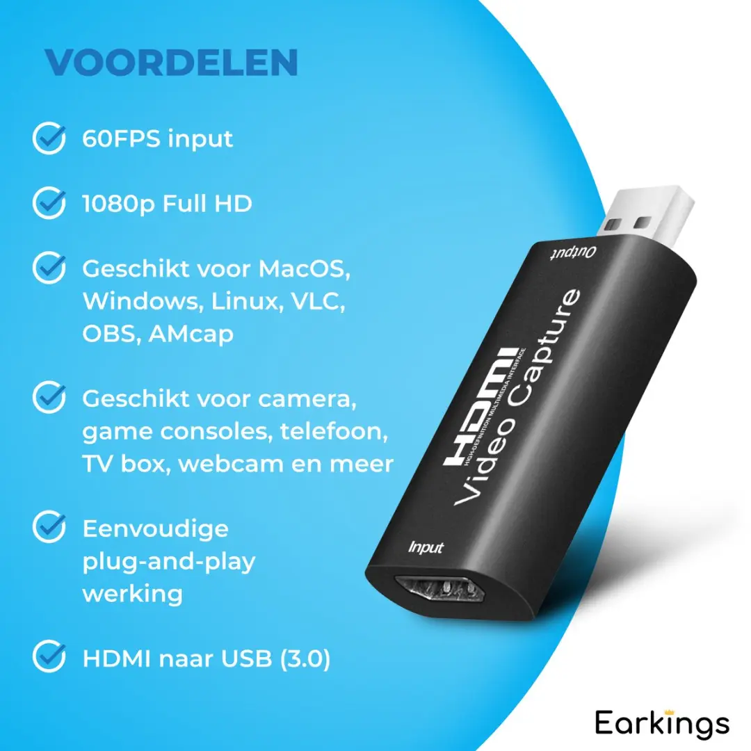 EarKings EKGC2182 Capture Card HDMI naar USB - 1x HDMI/USB 3.0