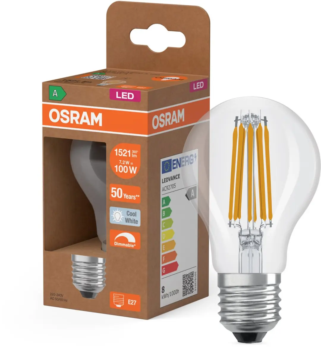 Osram LED Classic A 100 Filament 7.2W - 1521lm Koel wit Dimbare lamp