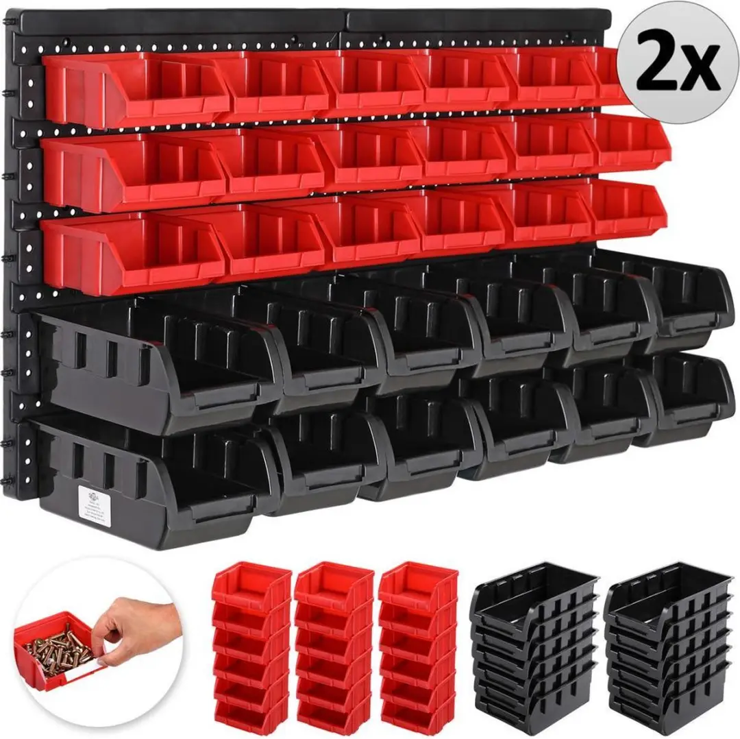Monzana Wandrek Stapelboxen 64-delig Gereedschaphouder 128x38cm - Zwart/Rood