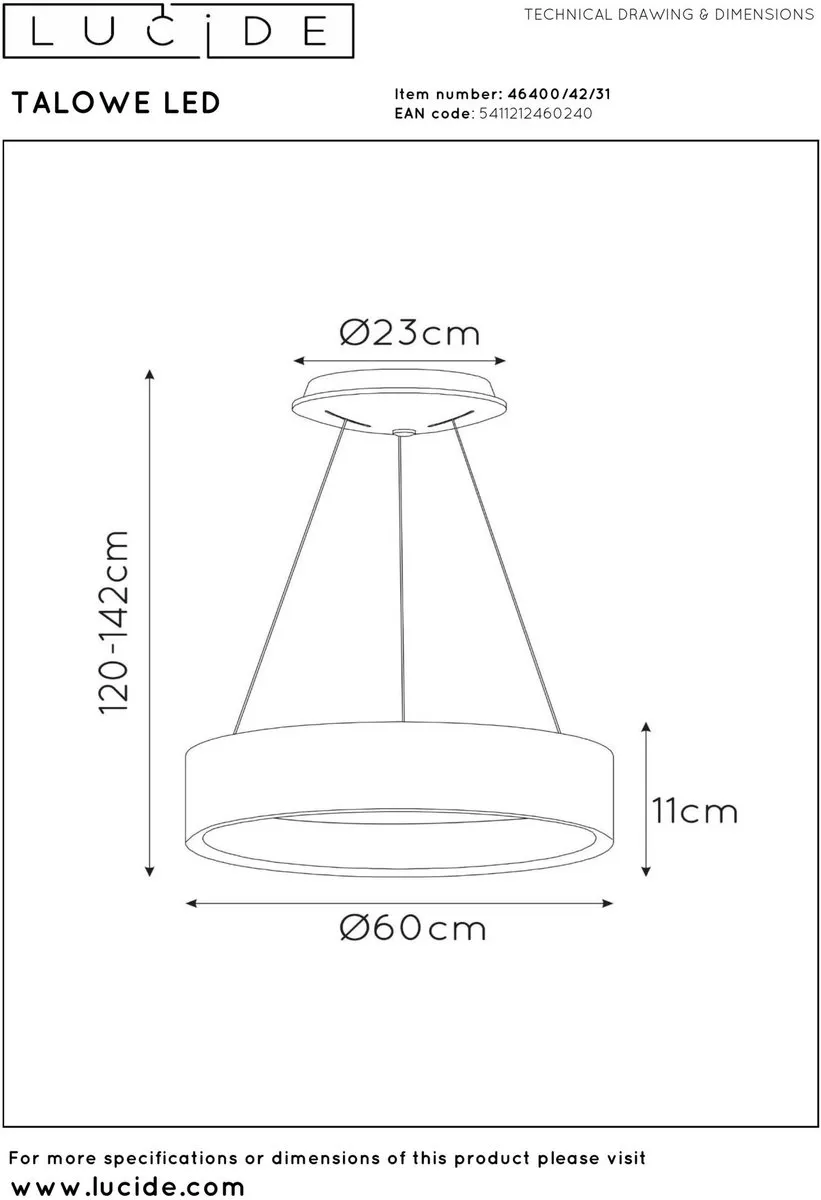 Lucide TALOWE LED - Hanglamp - Ø 60 cm - LED Dimbaar - 1x39W 3000K - Wit