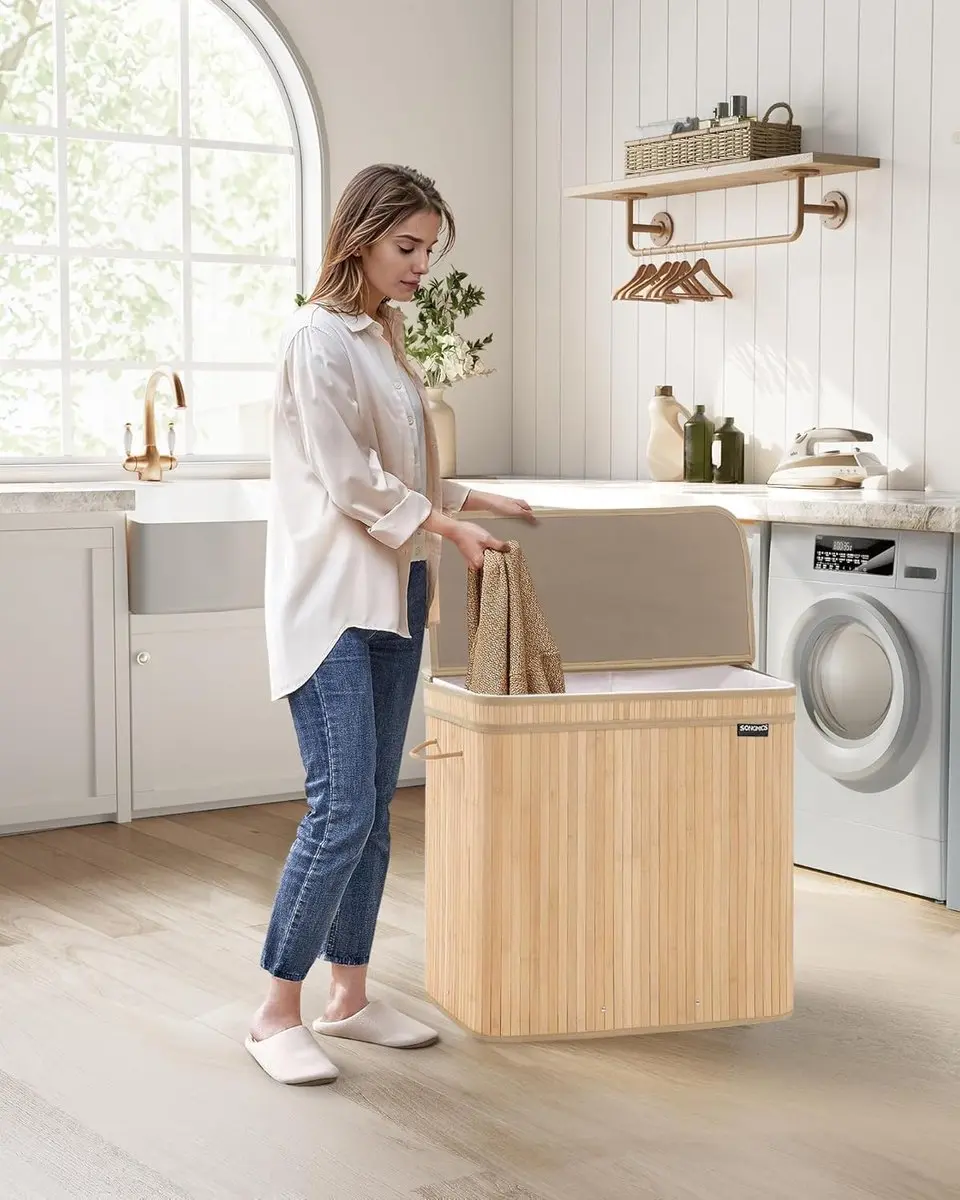 Songmics Wasmand met deksel 150L - 3 vakken - naturel beige
