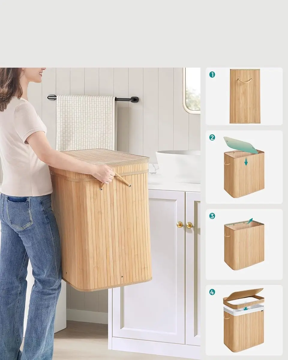 Songmics Wasmand met deksel 150L - 3 vakken - naturel beige