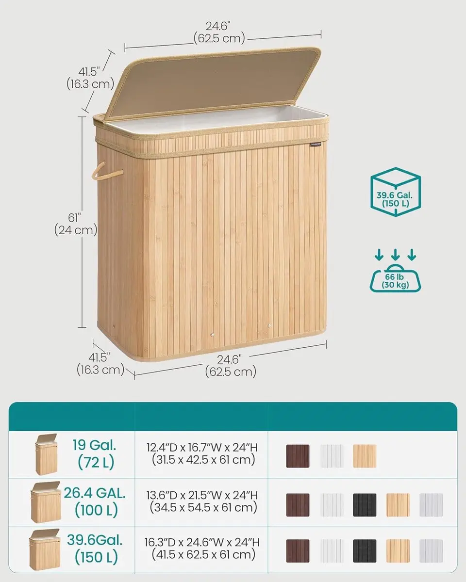 Songmics Wasmand met deksel 150L - 3 vakken - naturel beige