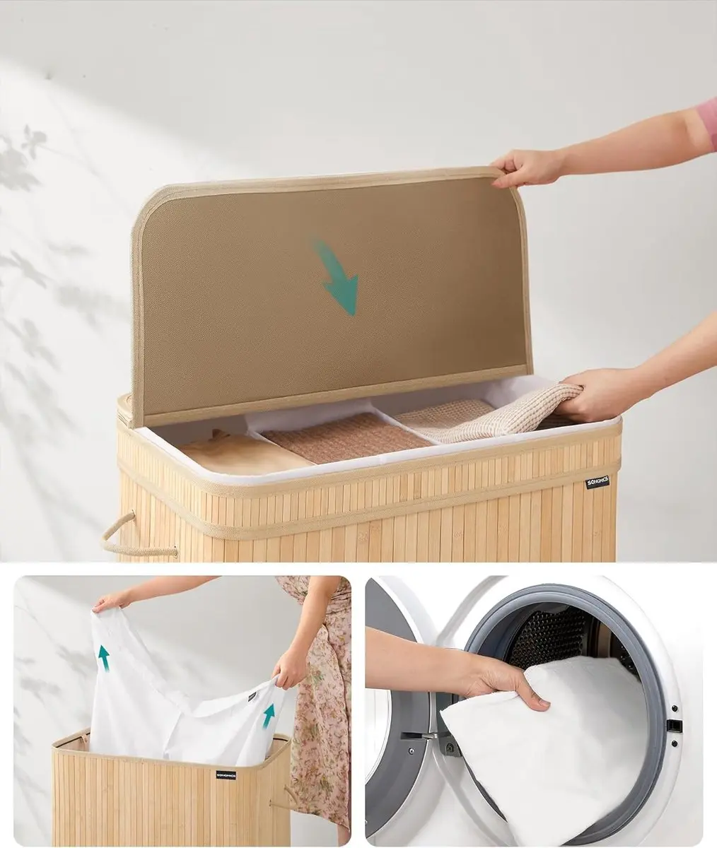 Songmics Wasmand met deksel 150L - 3 vakken - naturel beige