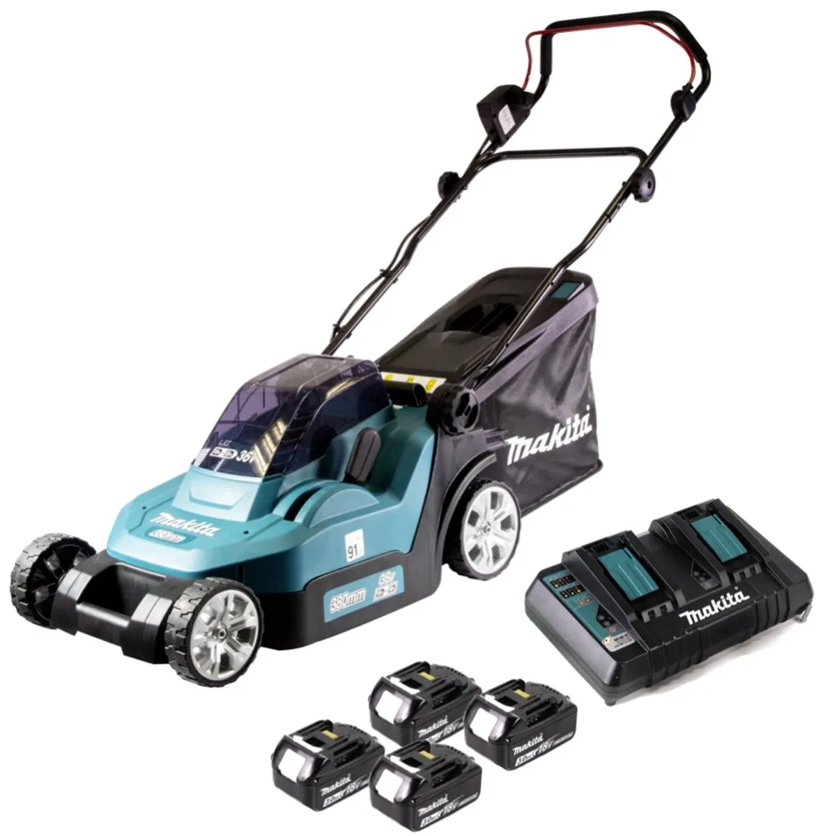 Makita DLM 382 PF4 Accugrasmaaier 36V - 38cm 40l - 4x 3.0Ah + Dubbele Lader