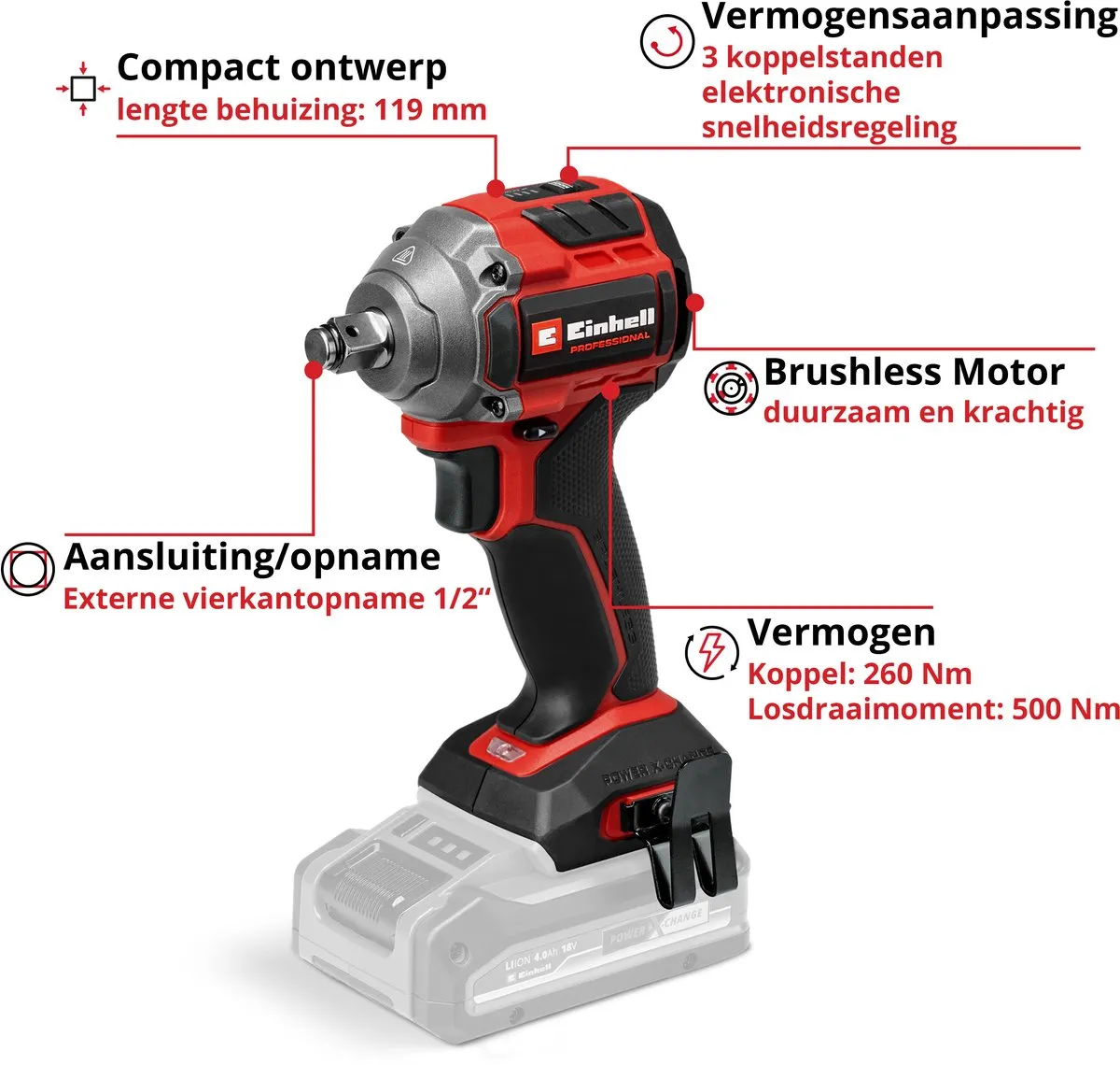 Einhell Professional TP-CW 18/260-C Li BL Accu Slagschroefmachine - Solo - 260 Nm