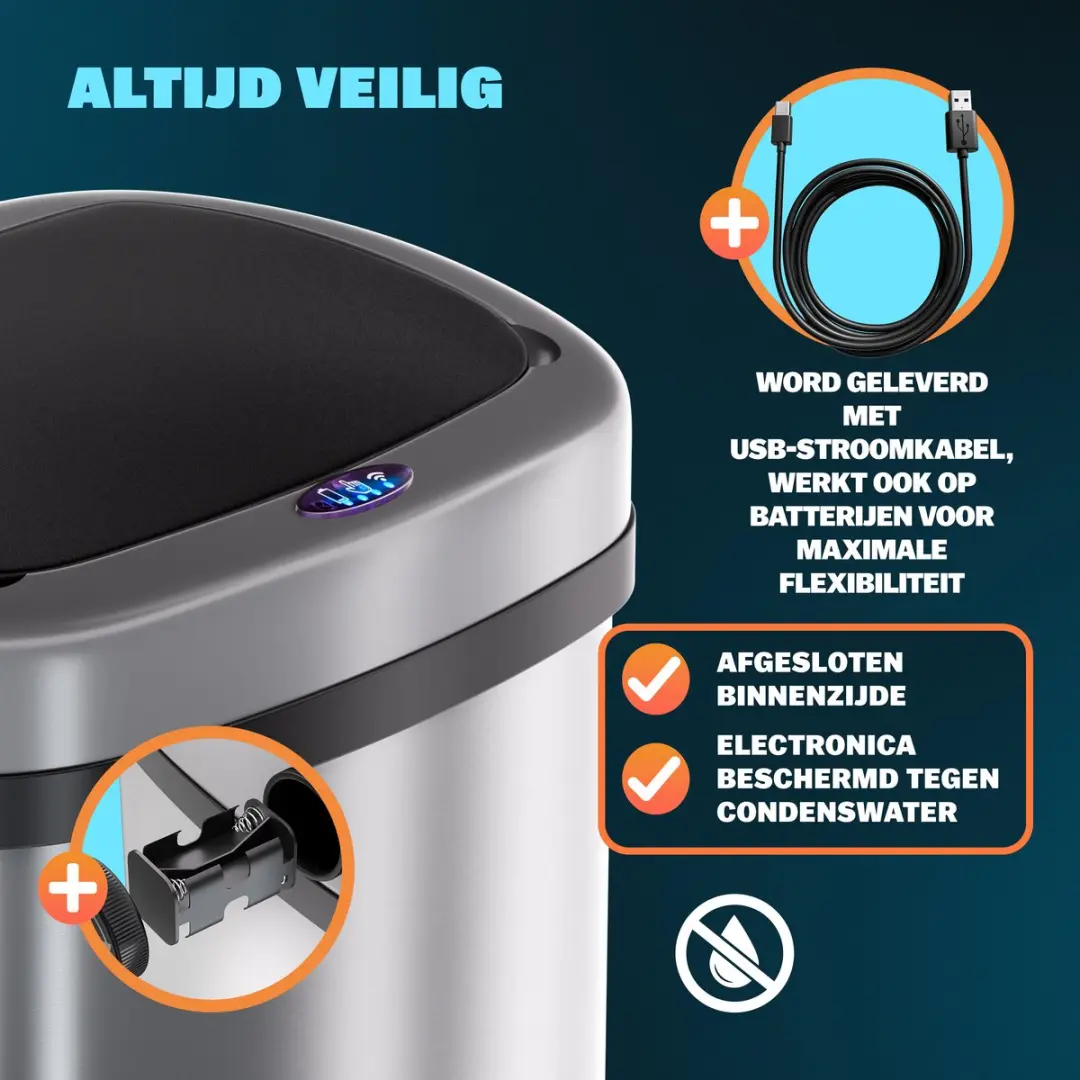 Monzana Sensor Vuilnisbak 58L RVS - Zilvergrijs/Zwart