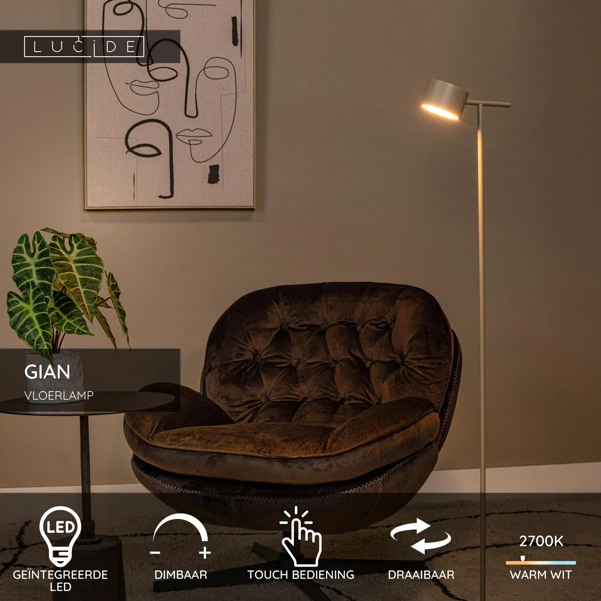 Lucide GIAN Vloerlamp LED 9W 2700K - Taupe