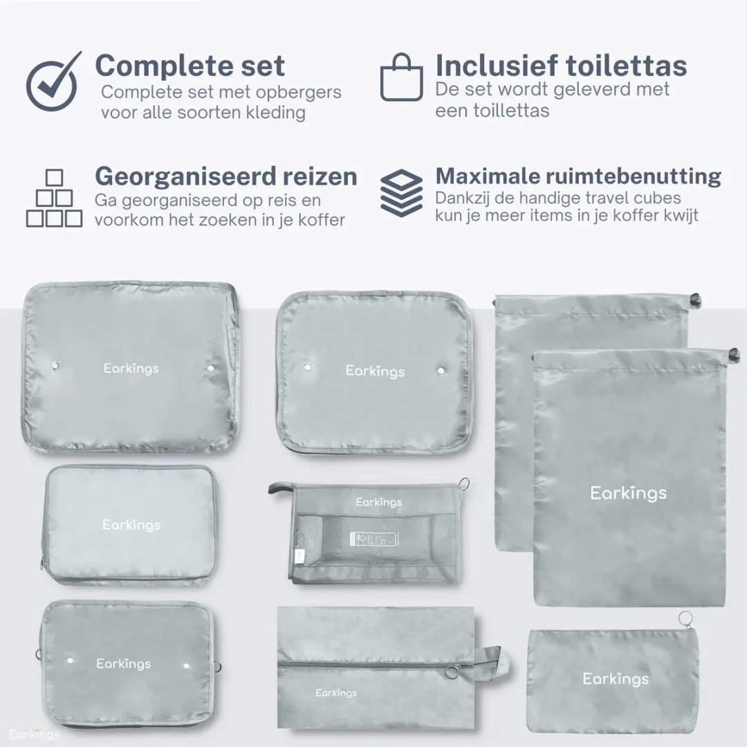 EarKings Packing Cubes EKPC1386 Kofferorganizer - 9-delig Grijs