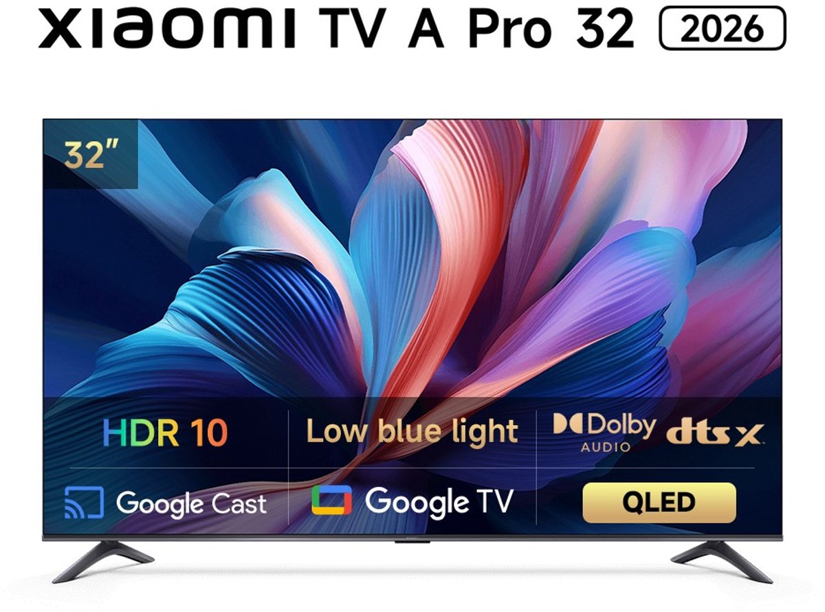 Xiaomi TV A Pro 2026 32 inch (81 cm) - QLED - Smart TV met Google TV - Google Assistant spraakbediening - Dolby Audio & DTS:X - HDMI 2.1 - CI+ slot - Google Cast