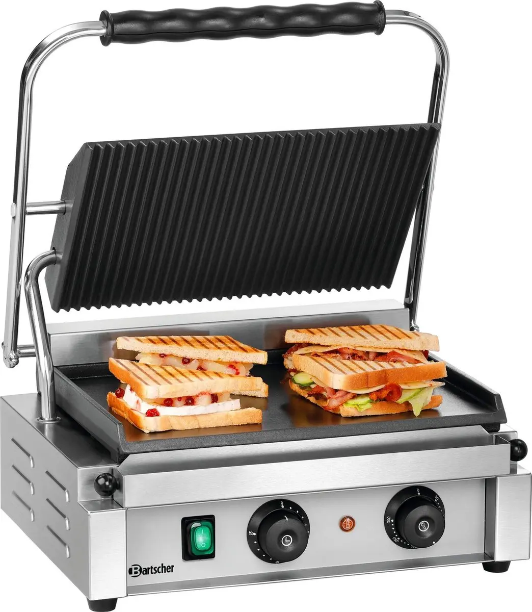 Bartscher Panini-T 1GR Contactgrill 2200W - 4 Sandwiches - Zilver