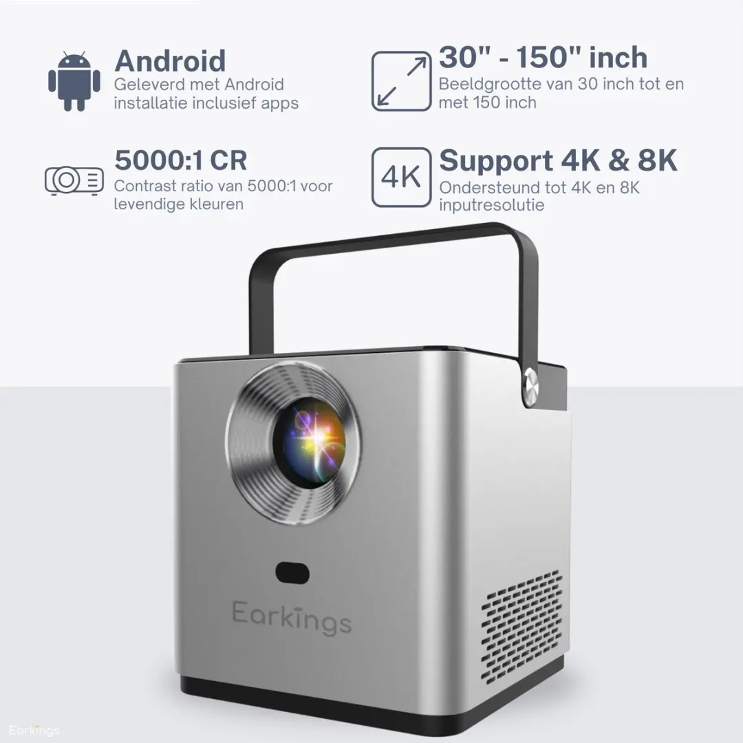 EarKings Beamer Projector EKBP1355 - 4K Android Mini Projector - Grijs