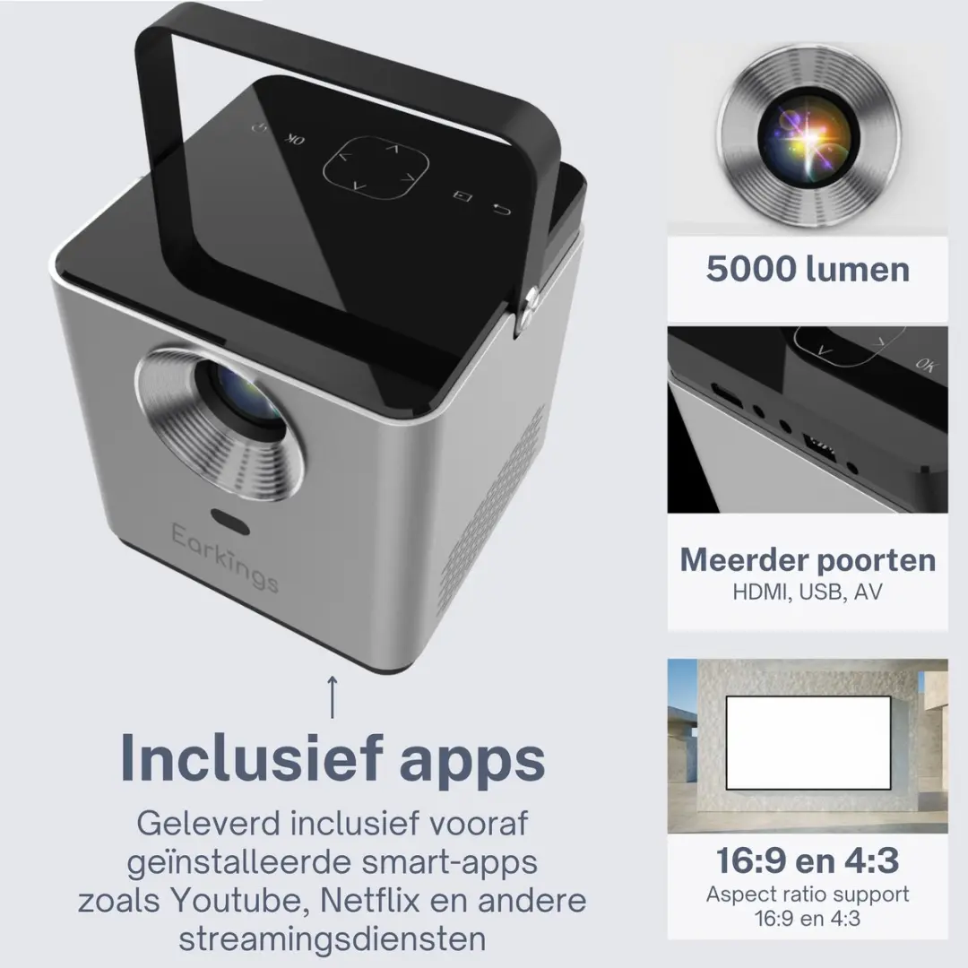 EarKings Beamer Projector EKBP1355 - 4K Android Mini Projector - Grijs
