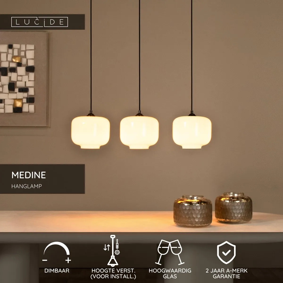 Lucide Medine Hanglamp 3xE27 - Opaal - afbeelding 6 van 6