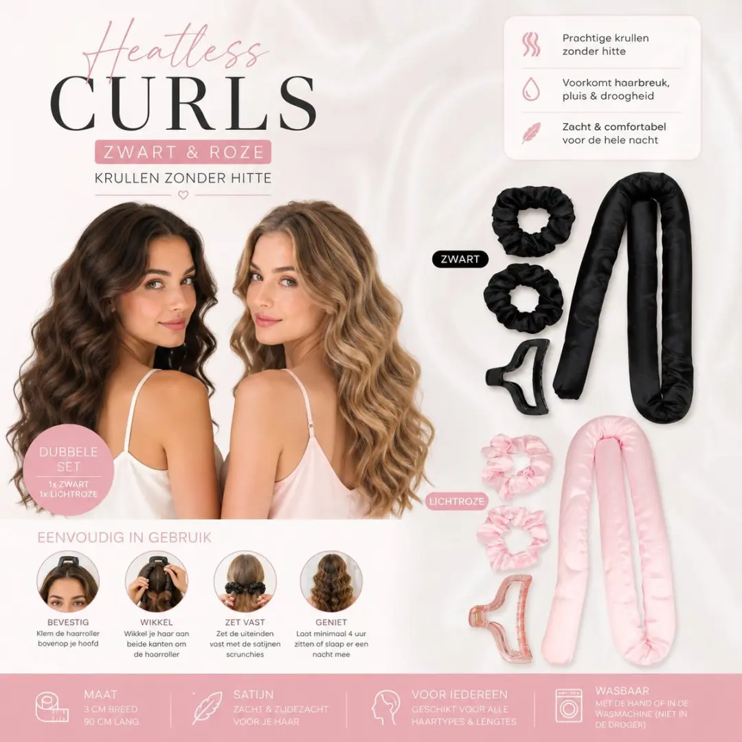 Haarsoires Heatless Curls Set 2 Stuks - Zwart Roze