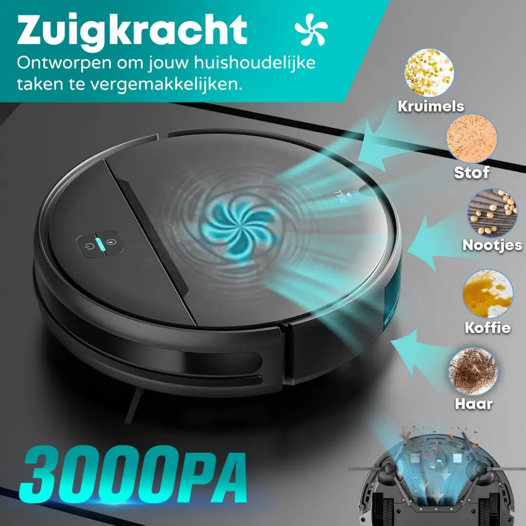 EarKings BR181 Robotstofzuiger Dweilfunctie 3000Pa - Zwart/Antraciet/Blauw