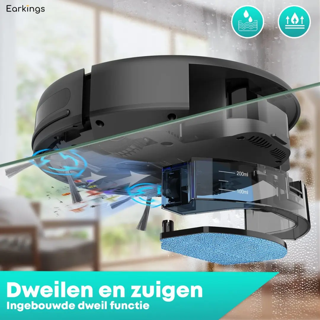 EarKings BR181 Robotstofzuiger Dweilfunctie 3000Pa - Zwart/Antraciet/Blauw