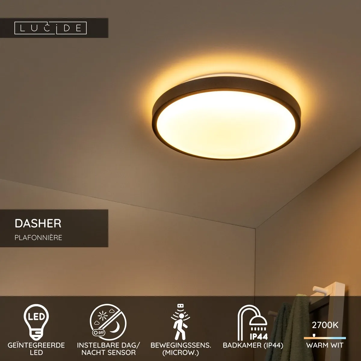 Lucide Dasher Plafondlamp Badkamer Ø41cm LED 24W 2700K IP44 Zwart
