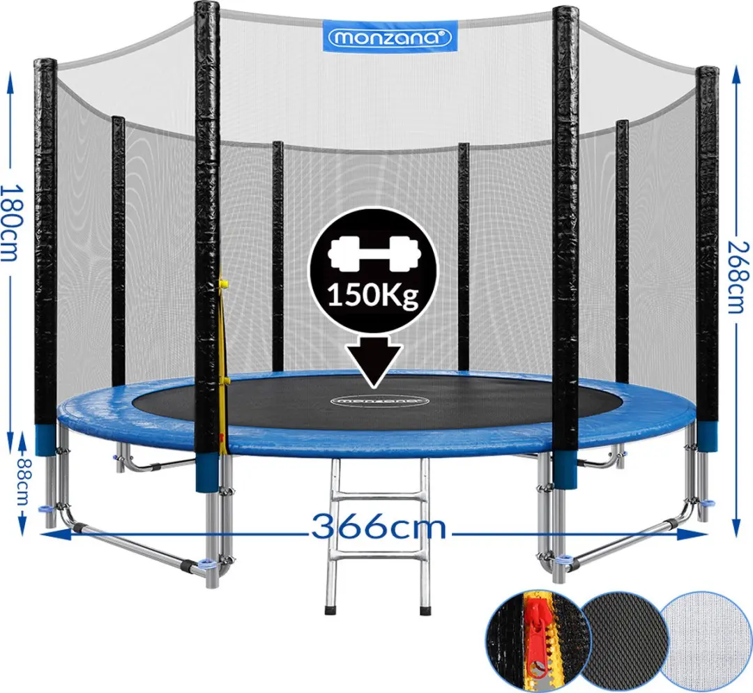 Monzana Trampoline 366cm - Blauw Zwart - Veiligheidsnet & Ladder