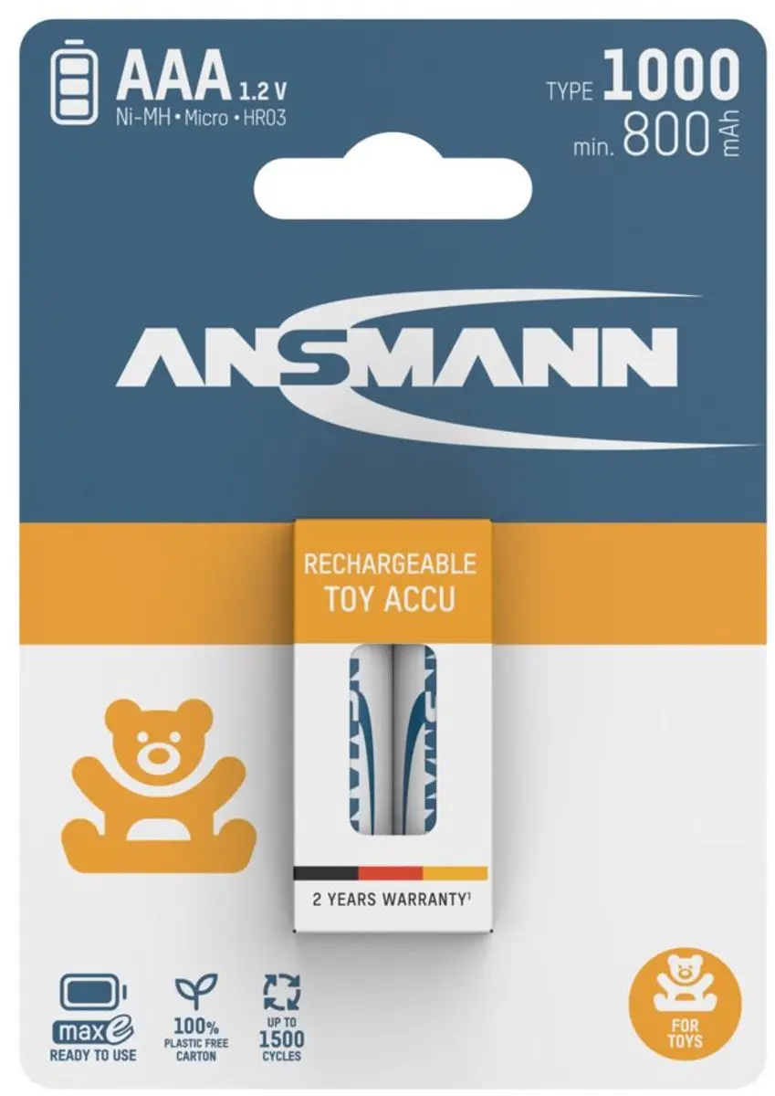 Ansmann 1311-0029 NiMH AAA Accu - 2x 800mAh - Wit/Geel