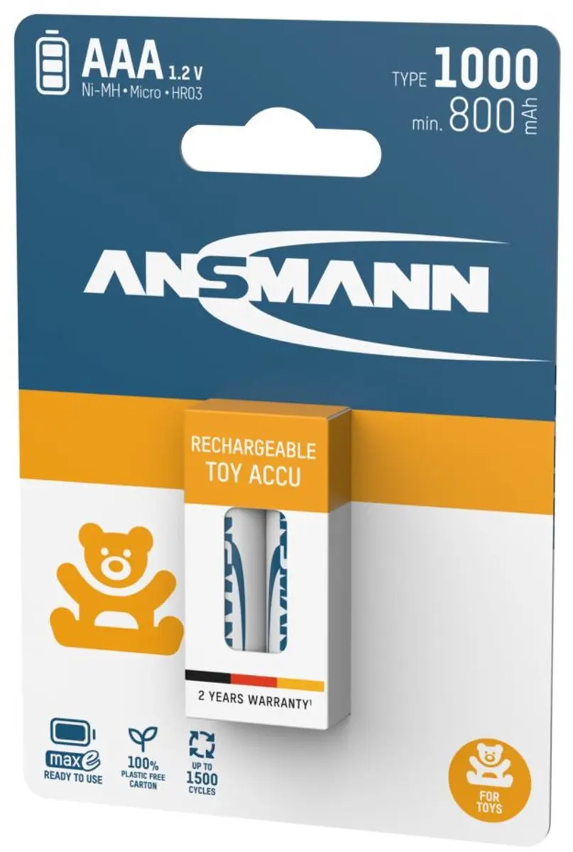Ansmann 1311-0029 NiMH AAA Accu - 2x 800mAh - Wit/Geel