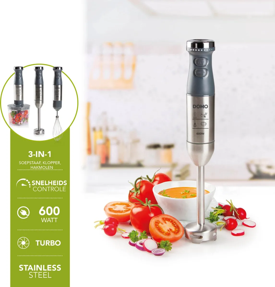Domo DO9226M Staafmixer - 600W - 4 Accessoires - Zwart