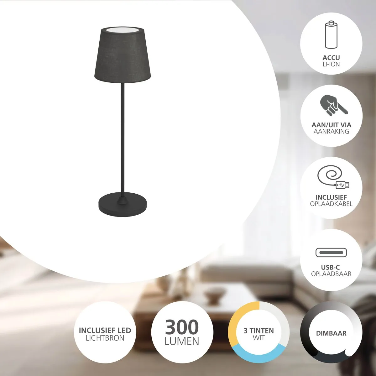 Eglo Leonero Oplaadbare LED Tafellamp - 34cm - Zwart - Dimbaar