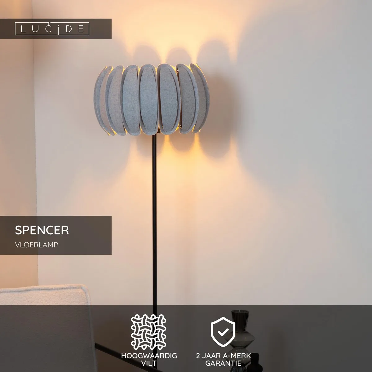 Lucide Spencer Vloerlamp Ø40cm - Grijs
